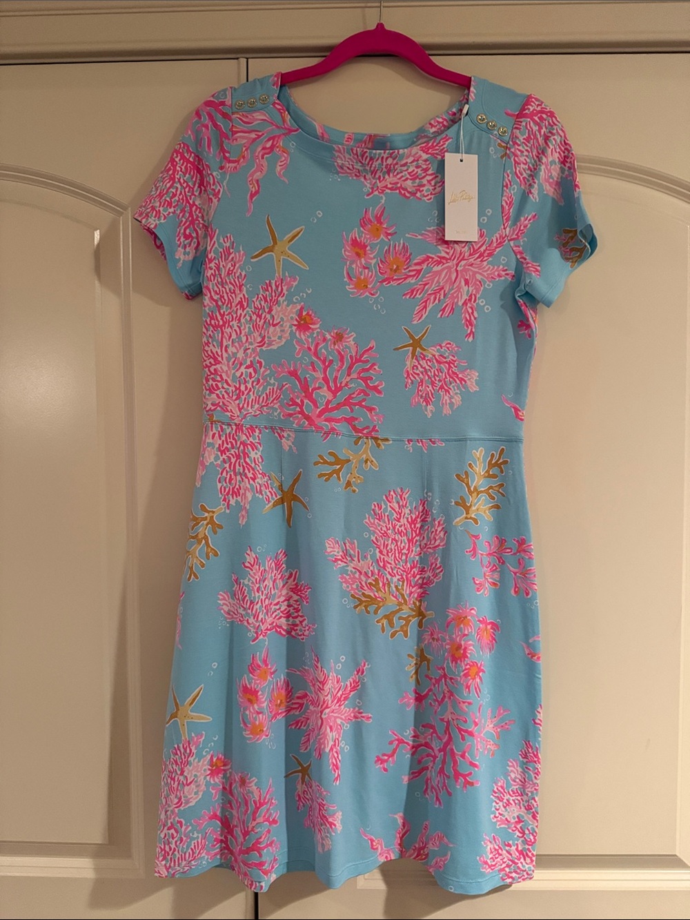 Lilly Pulitzer BRAY upf 50 short sleeve dress royal coral starfish aqua pink